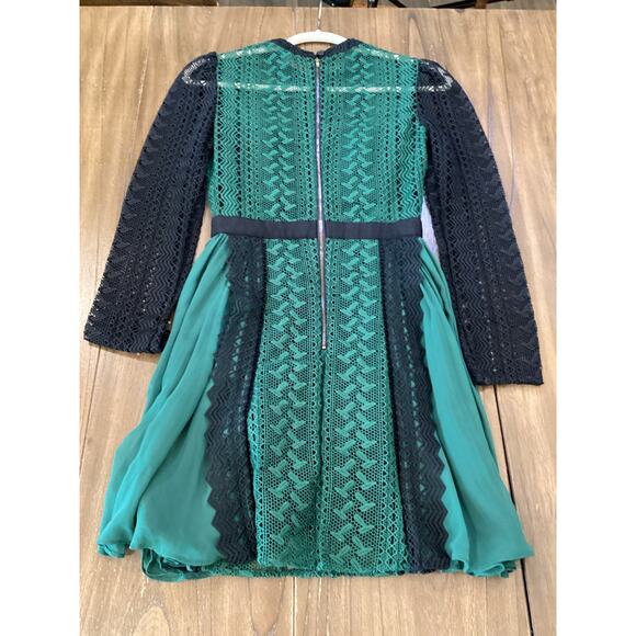 Self Portrait long sleeve mesh Green Lace pleated flare whimsygoth Mini Dress 4 - Picture 3 of 14